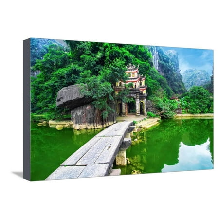 Outdoor Landscape Pagoda Outdoor Park Landscape with Lake and Stone Bridge. Gate Entrance to Ancient Bich Dong Pagoda Comple Stretched Canvas Print Wall Art By Perfect Lazybones ()