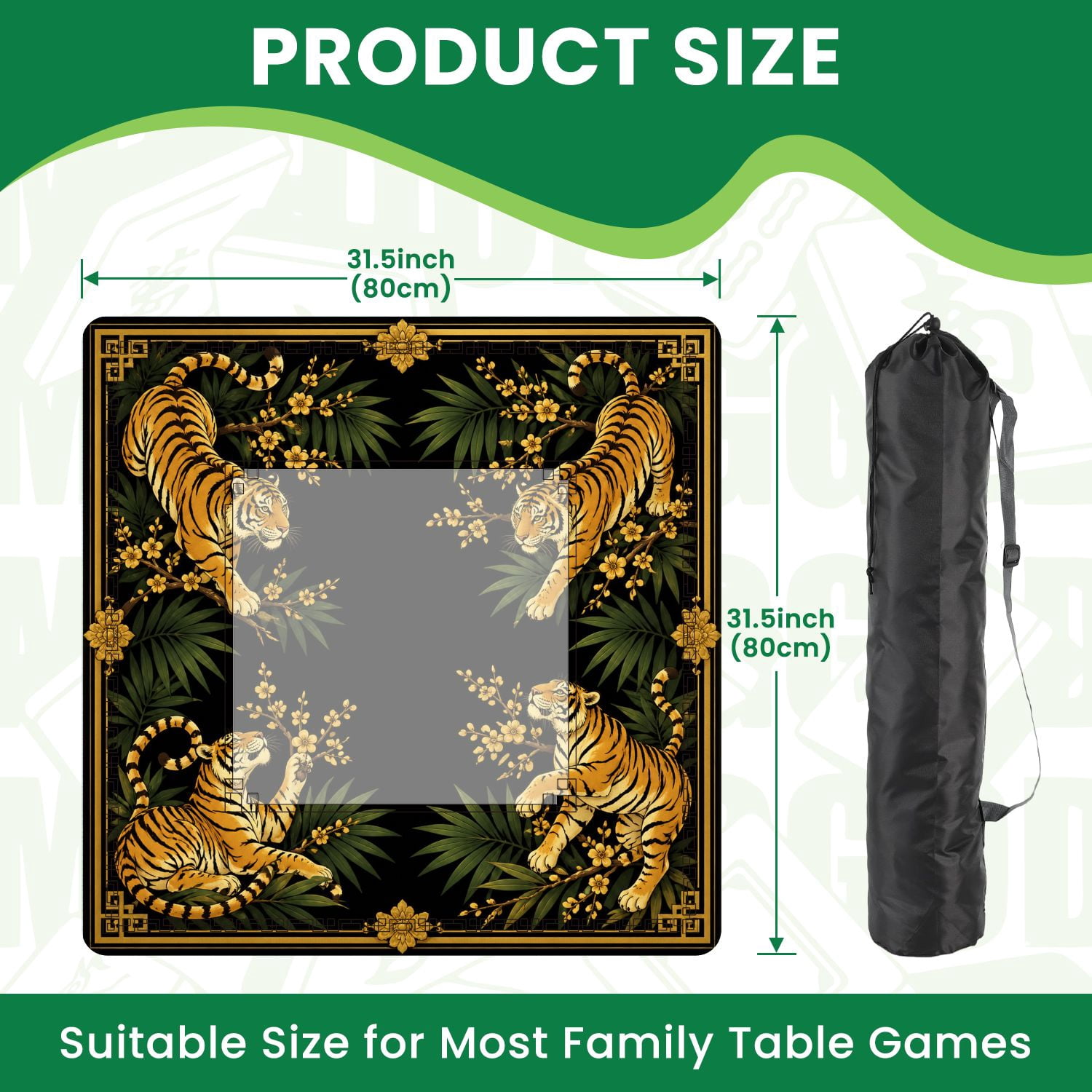 Mahjong Mat 31.5" x 31.5" Golden Tigers Tropical Leaves Blossoms Black Non-Slip Noise Reduction American Mahjong Tiles Table Cover for Dominoes Poker Card Board Games Gift