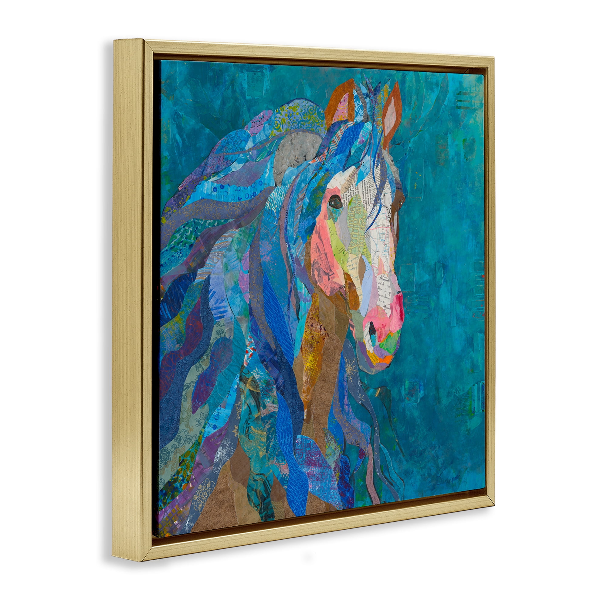 Stupell Industries Blue Collaged Pegasus Animals Painting Gold Floater Framed Canvas Art Print Wall Art, 25 x 25