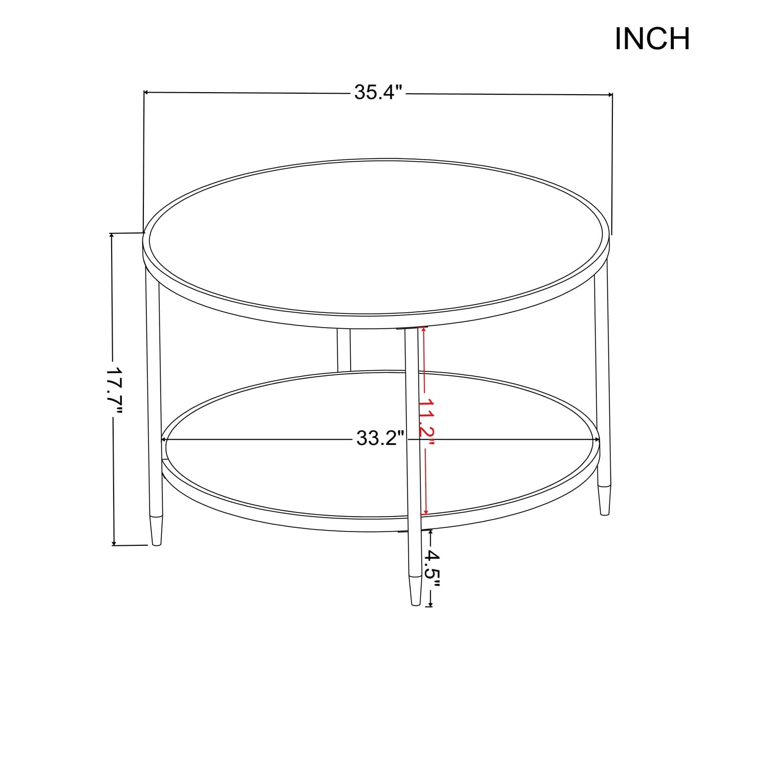 Kadyn 35.4" Round Coffee Table, Modern Glass Side Table with Tapered Legs, Glass Coffee Tea Table for Living Room Office, Black