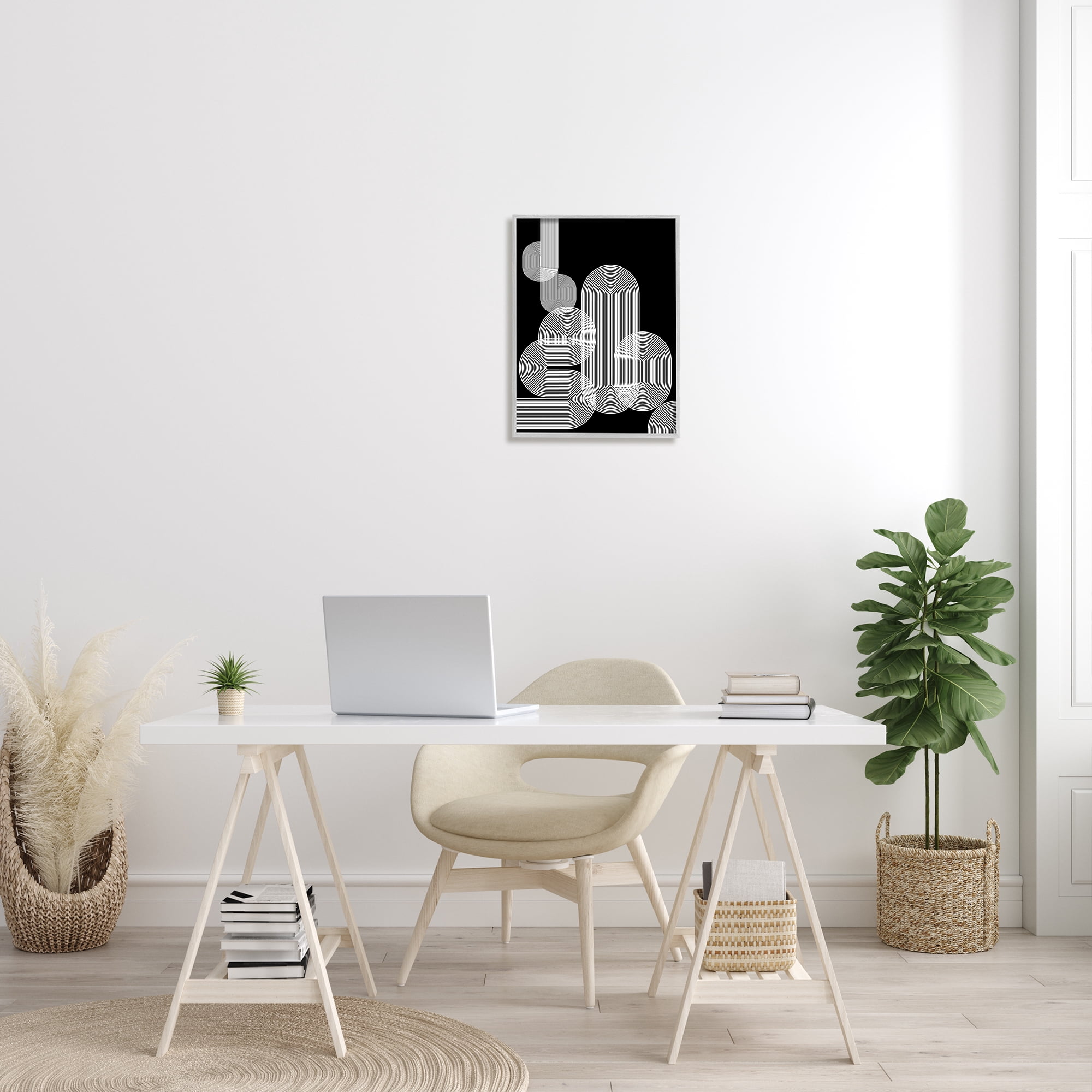 Stupell Industries Abstract Graphic Black Shapes Industrial Line Pattern Abstract Painting Gray Framed Art Print Wall Art, 16 x 20