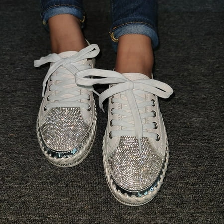 

Aayomet Casual Wedge Shoes for Women Women Fashion Flat Heel Rhinestone Glitter Lace-Up Womens Summer Shoes Size 8 White 7.5