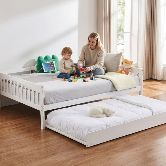 Ktaxon Solid Wood Twin Daybed with Trundle, Day Bed Frame with Charging Station and Lights, White