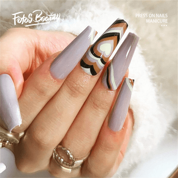 Fofosbeauty 24pcs Press on Nails, 2024 Fake Nails Long Coffin Tips Design, Cappuccino