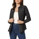 thumbnail image 4 of Camisa de mezclilla negra de mujer con cuello puntiagudo, manga larga, dobladillo deshilachado y botones, 4 of 5