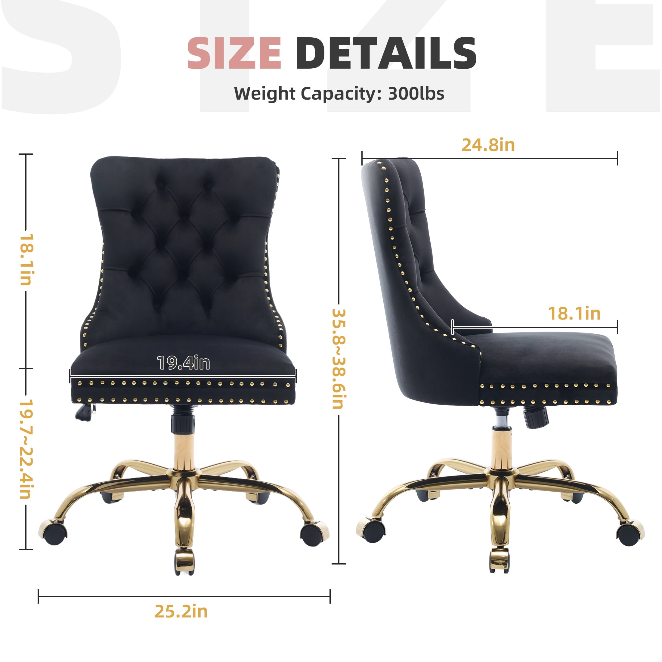 PAPROOS Vanity Chair, Swivel Home Office Chair, Ergonomic Home Desk Chair with Golden Metal Base, Adjustable Height, Velvet Upholstered Tufted Button Task Chair, Black