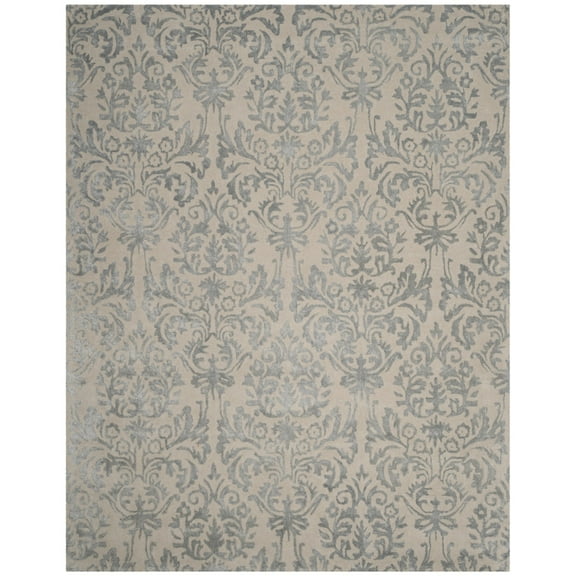 SAFAVIEH Bella Leann Damask Distressed Wool Area Rug, Ivory/Silver, 5' x 8'