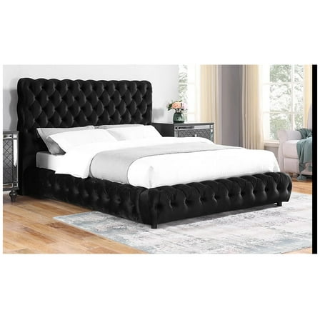 Contemporary Upholstered Queen Bed, Tufted Headboard & Footboard, Black