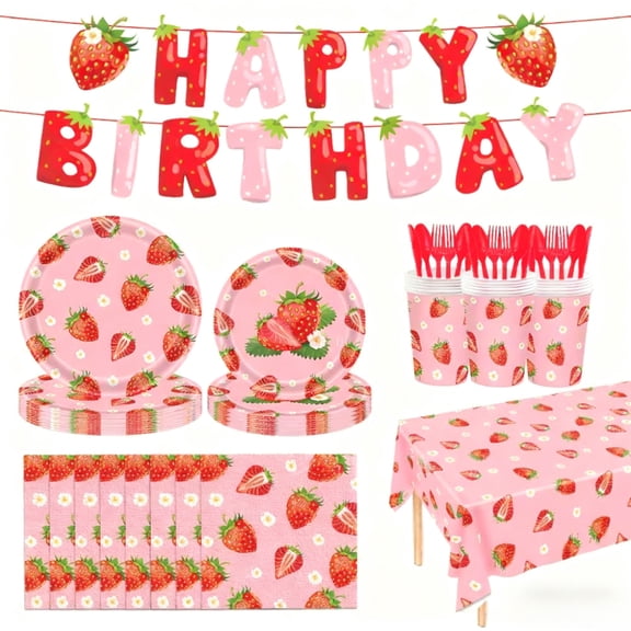 142 Pcs Strawberry Themed Party Tableware Set for 20 Guests, Disposable Plastic Plates Napkins Dinnerware Kit, Cute Birthday Wedding Party Supplies for Celebrations, Picnics & Festive Gatherings