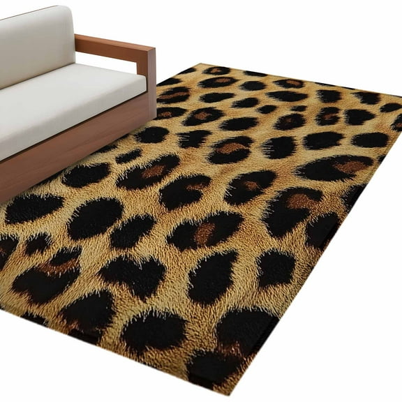 Leopard Print Area Rug 3x5 FT, Non Slip Entryway Bedside Carpet, Brown Yellow Retro Animal Fur Pattern Washable Soft Floor Carpet Indoor Mat Non-Shedding Throw Rug for Dorm Kitchen Home Office