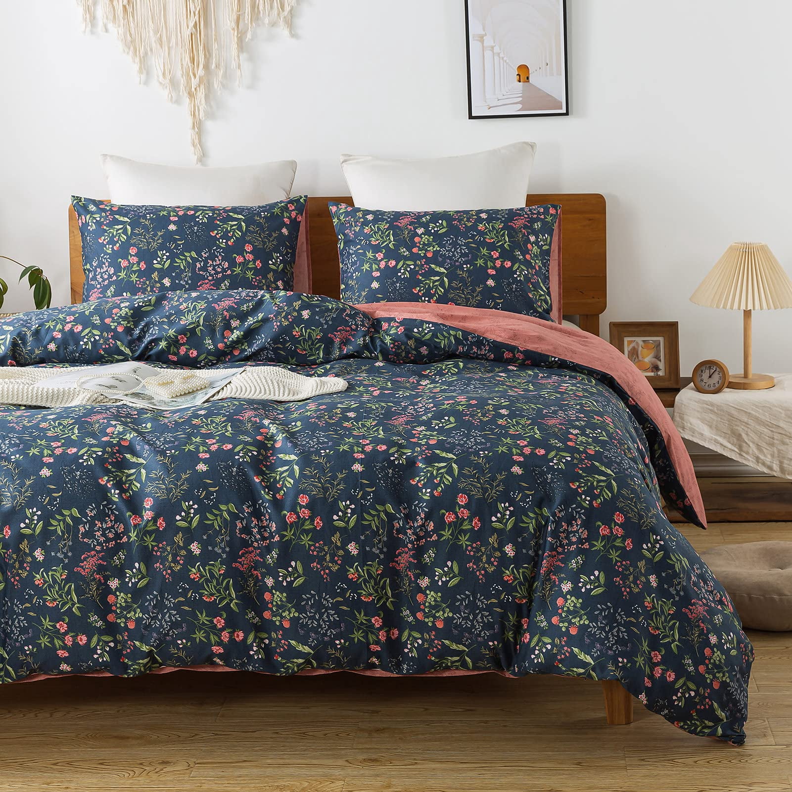 NEWLAKE Duvet Cover Set - 100% Cotton Comforter Cover, Soft and Breathable Bedding Set with Zipper Closure & Corner Ties, 3pcs(1Duvet Cover+2 Pillow Case)-Nave Blue, Queen