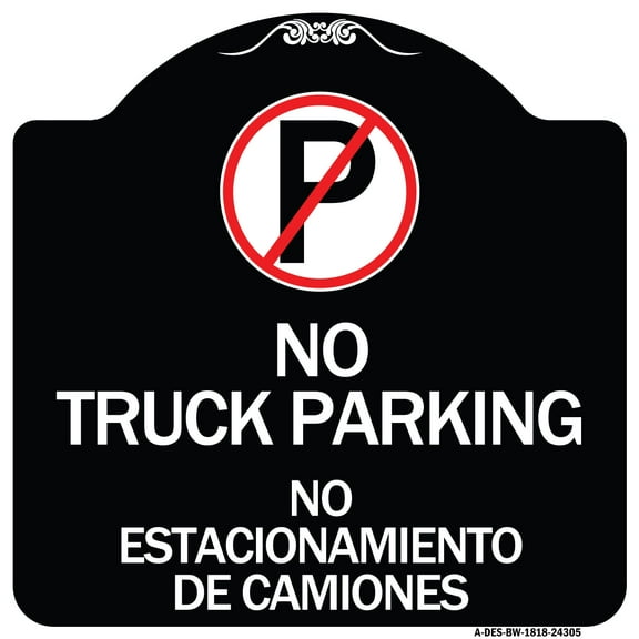 SignMission Designer Series Sign - Bilingual No Parking Sign No Truck Parking No Estacionamiento De Camiones (With No Parking Symbol) | Black & White 18" X 18" Heavy-Gauge Aluminum