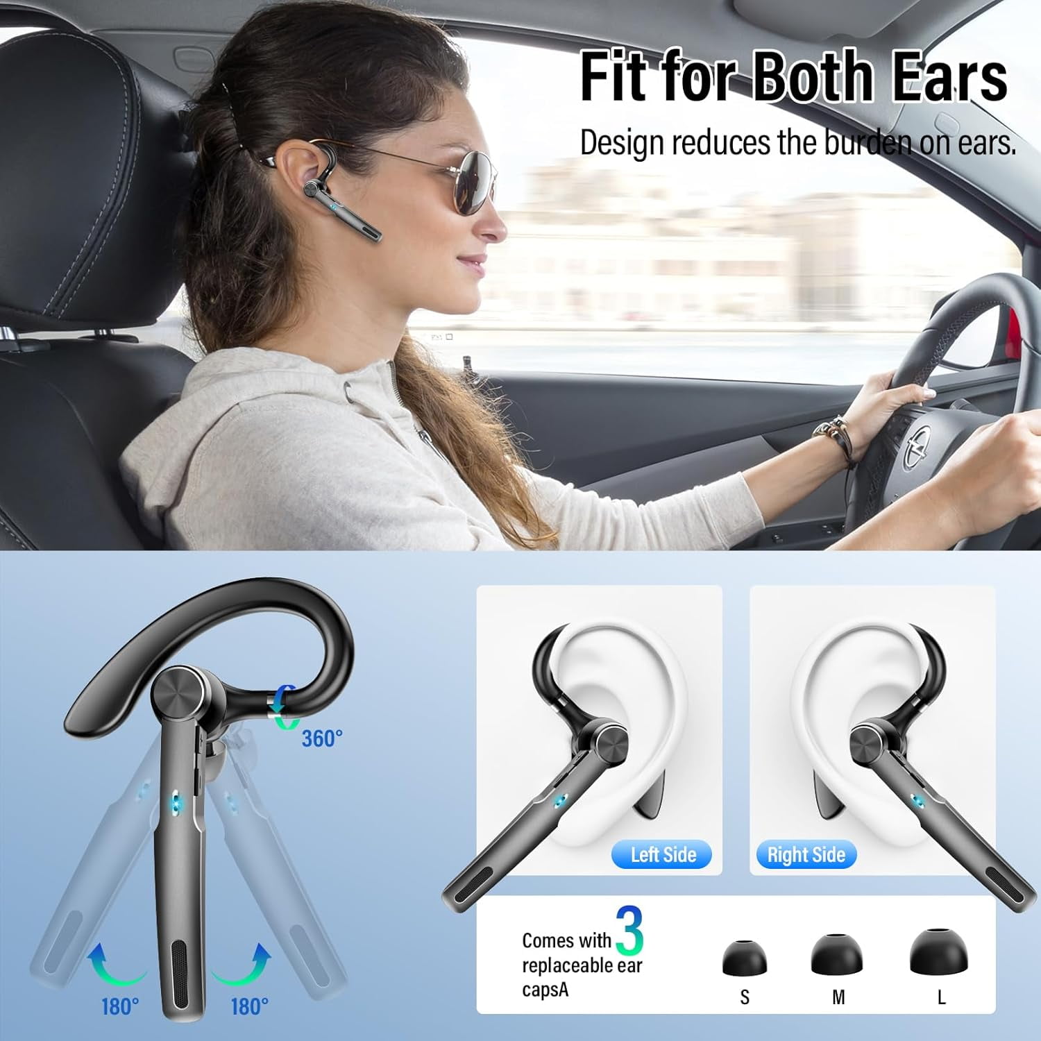Bluetooth Headset, Wireless Earpiece with ENC Microphone, Single-Ear Bluetooth Earpiece V5.3 with Earhook, 60H Talktime, IP7 Waterproof Hands Free Earphones for for Business/Office, Carbon Black