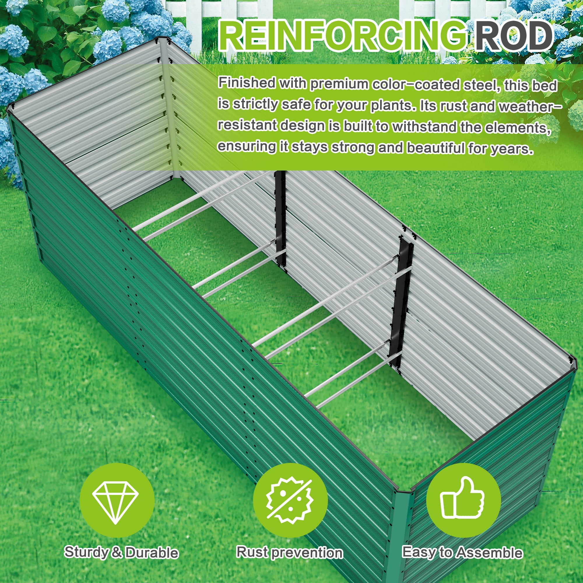 Leumius 1-Pack Metal Garden Bed,32" Ergonomic Height No Bending Metal Planter Box,Open-Ended Base for Drainage,8 Reinforcing Rods,Rustproof Steel for Vegetables, Flowers, Herbs and Succulents Green