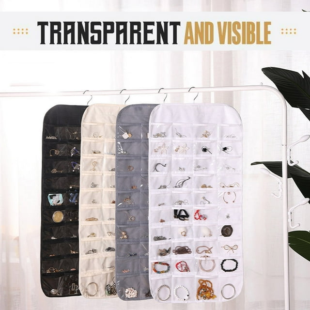 Xihbxyly Organizador de Joyas para Colgar, 80 Compartimentos, Ventana de Pvc Transparente, Diseño Compacto, Ideal para Armario o Puerta, Ideal para Dormitorio y Sala de Estar, Color Beige y Blanco, 8