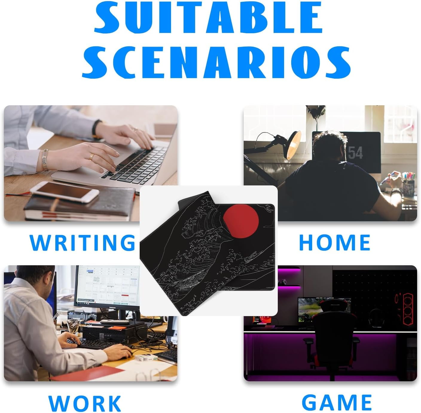 Desk Mat, Black Japanese Style Wave and Red Sun Extended Gaming Mouse Pad Large, 35.4"x15.7" Big Mouse Pad with Non-Slip Base and Stitched Edge, Long Computer Keyboard Mouse Mat for Home Office Work
