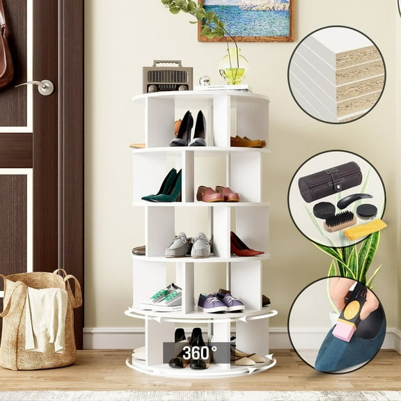 6-Tier Rotating Shoe Rack, Holds up to 24 Pairs of Shoes, Wood, White, Shoe Eraser Kit, Cleaner Kit