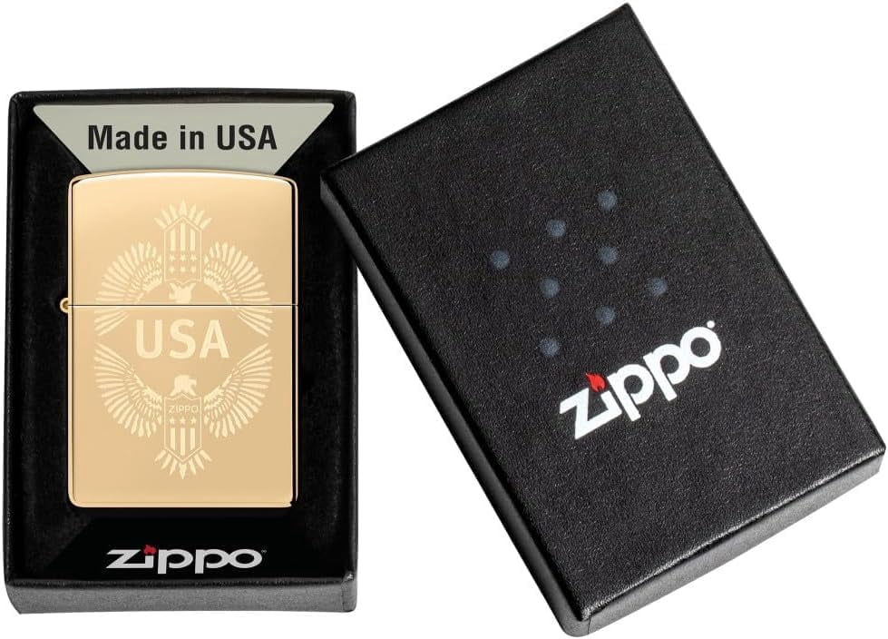 Zippo Lighter - Customized Message on USA Eagle Crest, High Polish Brass 48915