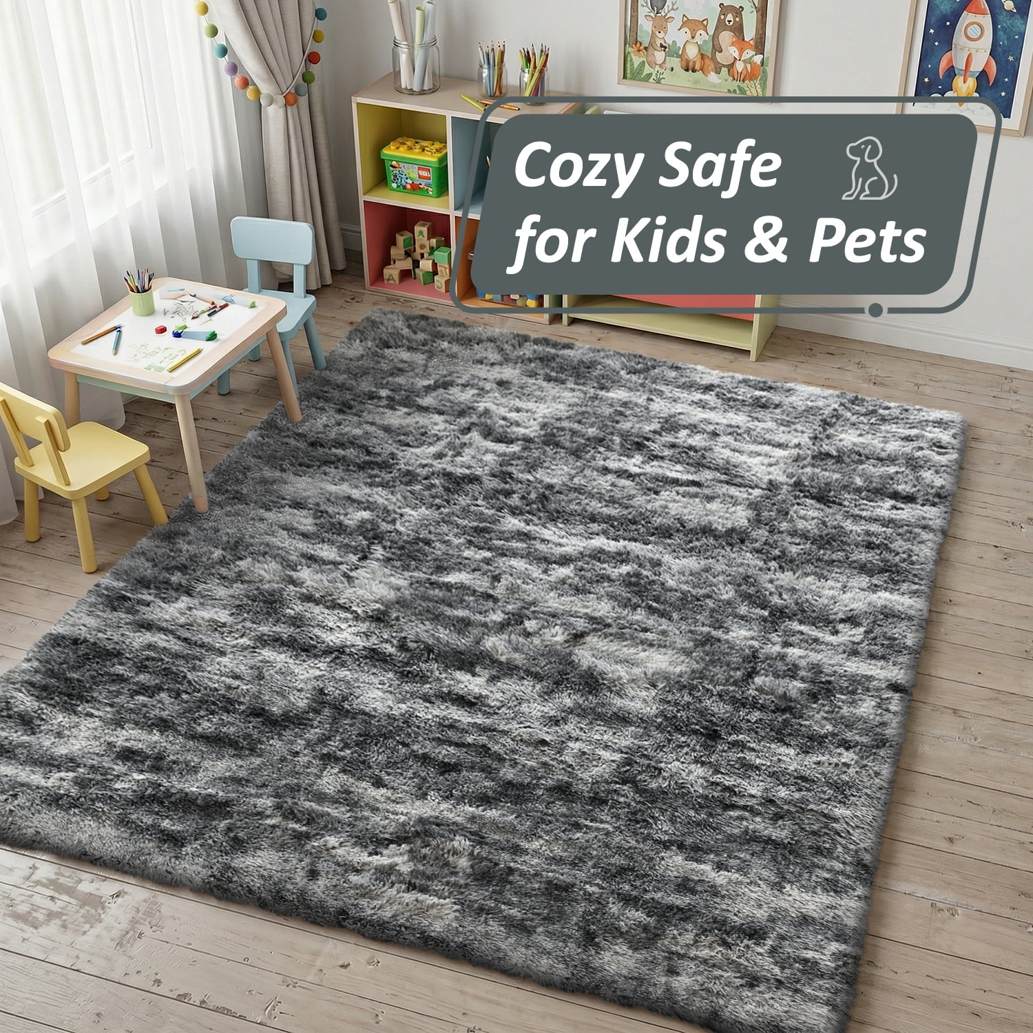 Pentantan 5ft x 8ft Shag Area Rug, Soft Fluffy Rugs for Living Room Bedroom, Modern Tie-dye Home Carpet, Dark Gray