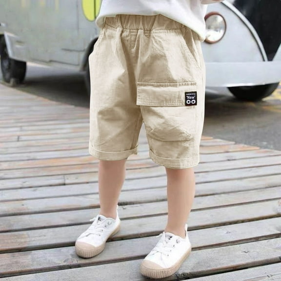Cethrio Boys Cargo Shorts, Loose Casual Knee Length Cotton Summer Shorts with Pockets Khaki Size 8T