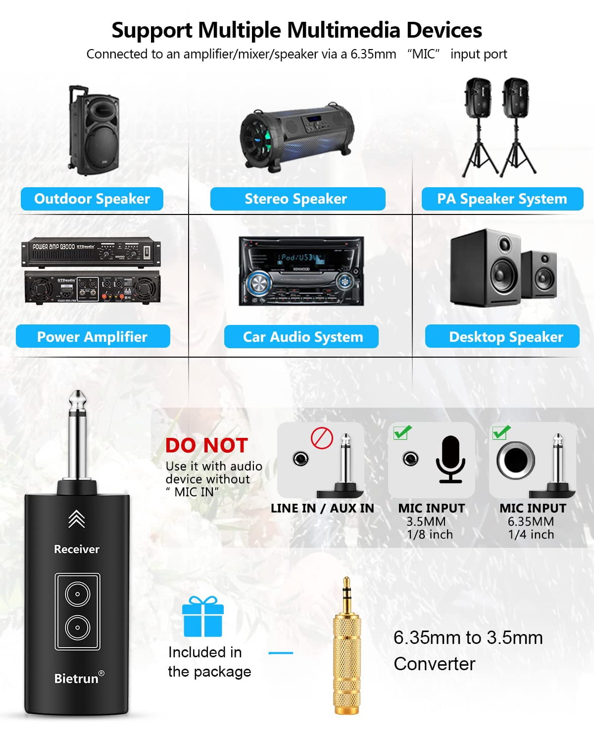 Bietrun Rechargeable Wireless Microphone, Dual Metal Cordless Handheld Dynamic Wireless Mics with 1/4'' Output for Karaoke, Meeting, Singing, Church, Wedding(UHF 240ft Range)(Receiver with Bluetooth)