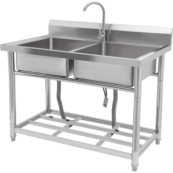 Freestanding Stainless Steel Kitchen Utility Sink 39.4"x19.7"x33.5" Single Bowl with Hot & Cold 360° Swivel Faucet – Durable Rust Resistant