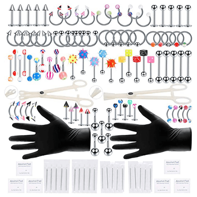 EIMELI 120Pcs Piercing Kit with Stainless Steel Piercing Needles Includes Nose Rings Lip Studs Eyebrow and Belly Button Piercings