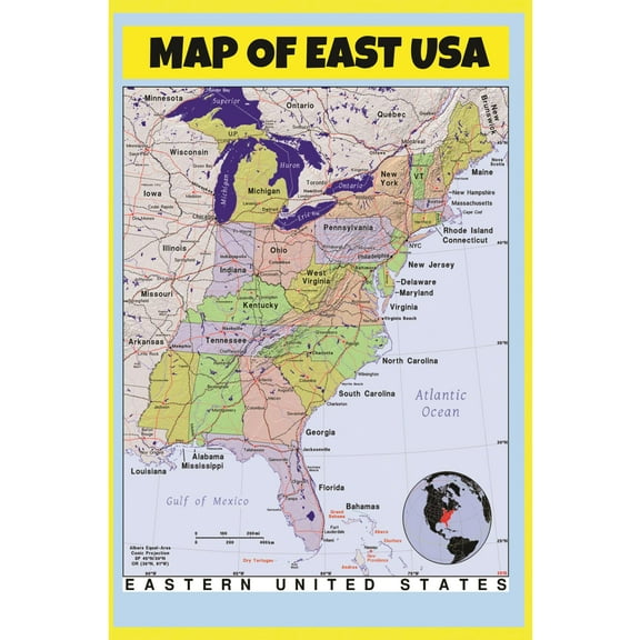 Map of East USA - Laminated Wall Map Poster Print Perfect for Classrooms and Homes - Vivid Imagery with Bright Colors - 18x24