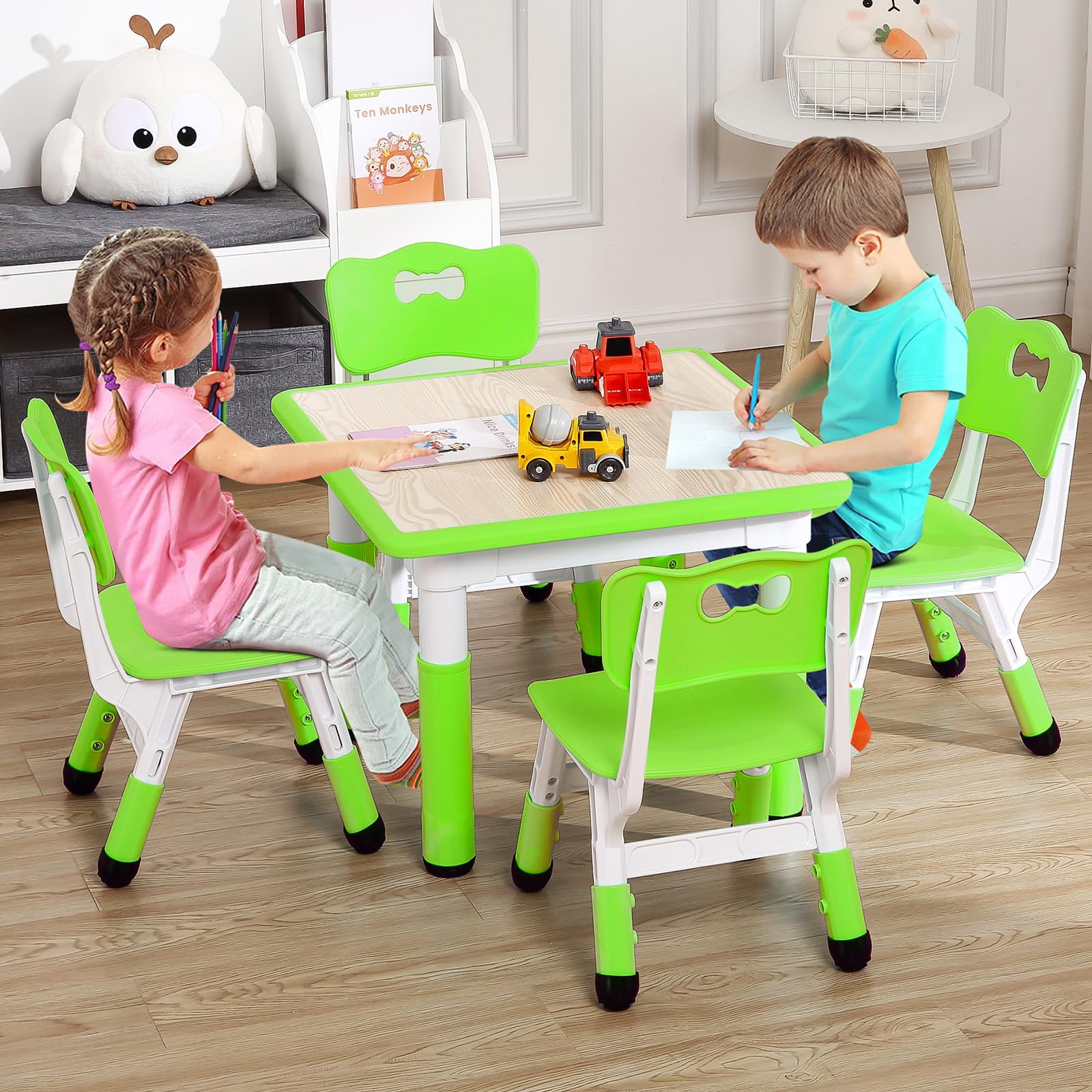 TROPOW Kids Table and Chairs,Height Adjustable Toddler Table and 4 Chair,Multi-Activity Table with Graffiti Desktop Non-Slip Legs for Ages 2-10,Children Activity Table for Daycare,Classroom,Home