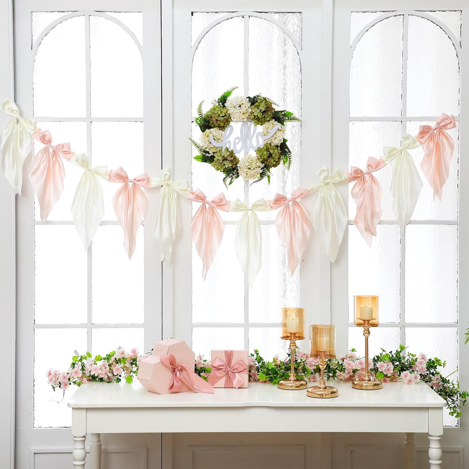 Satmonnus 7.9 FT Easter Pastel Bow Garland Banner - Silk Satin Ribbon Pastel Bow Garland Hanging Party Bow Garland Decoration for Easter Birthday Baby Shower Wedding Party Supplies