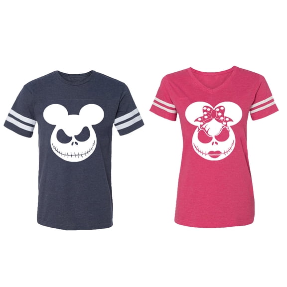 Matching Couple Cotton Jerseys (Men Navy / Women Pink) (Men XL / Women XL)