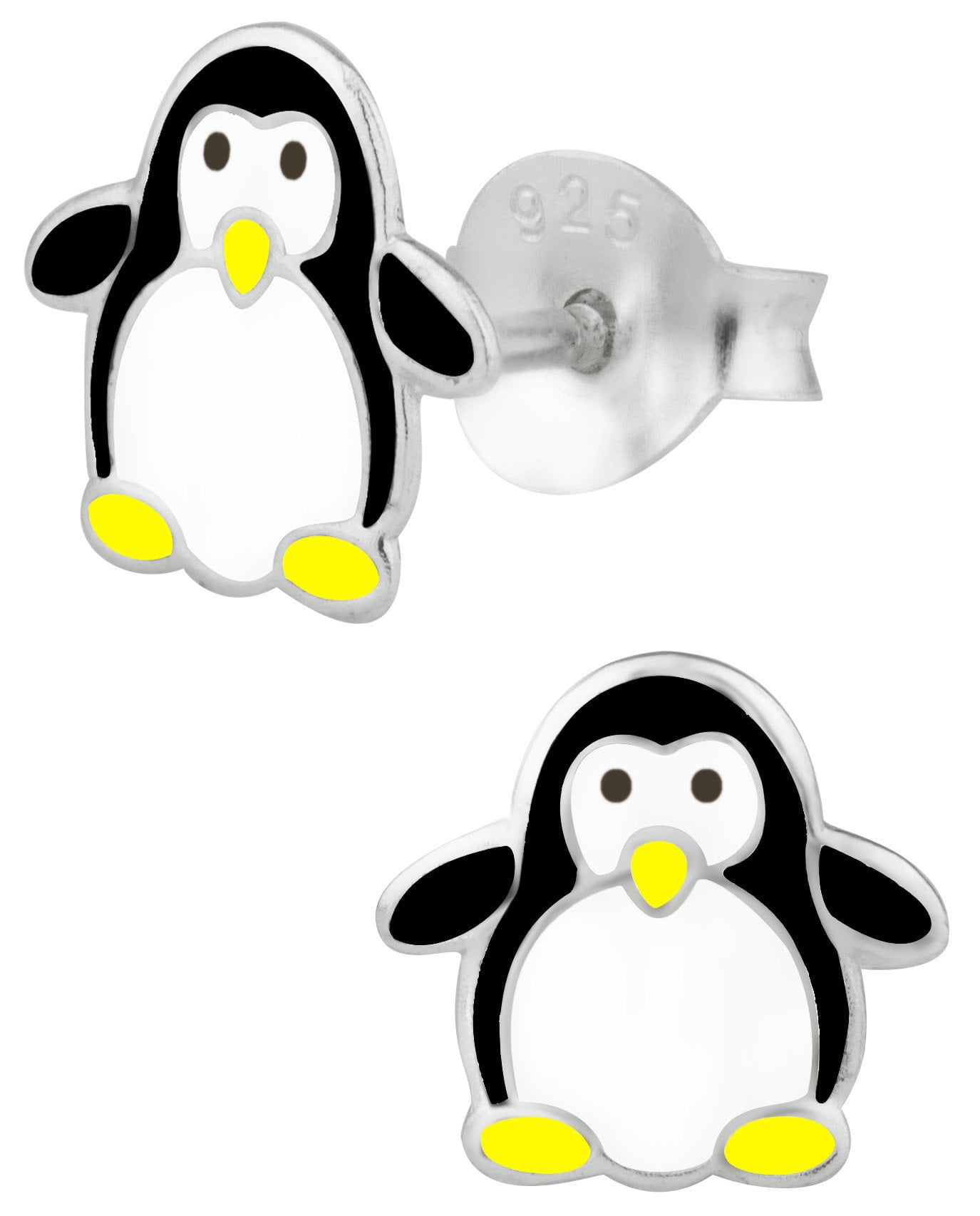925 Sterling Silver Cute Penguin Black White Orange Kids Girls Stud Earrings 