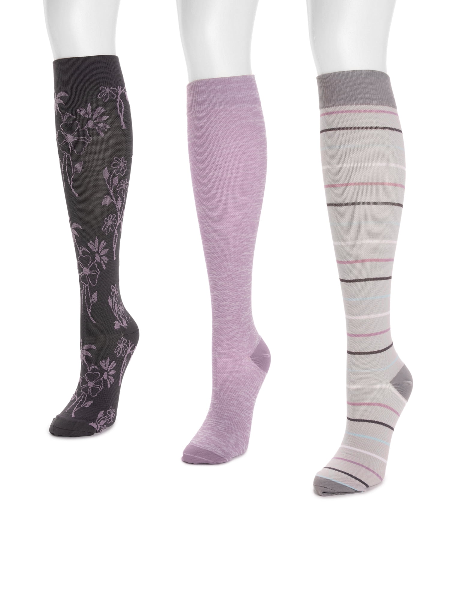 Muk Luks Women's Wide Width Nylon Knee-High Compression Socks, 3-Pack, Shoe Size 6-10