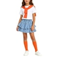 thumbnail image 4 of Daiosportswear Girls 4 Piece Summer Outfit Set, Crew Neck Tee Detachable Scarf Tiered Ruffle Denim Skirt Knee High Socks for 3-16Y Orange 7-8 Years, 4 of 9