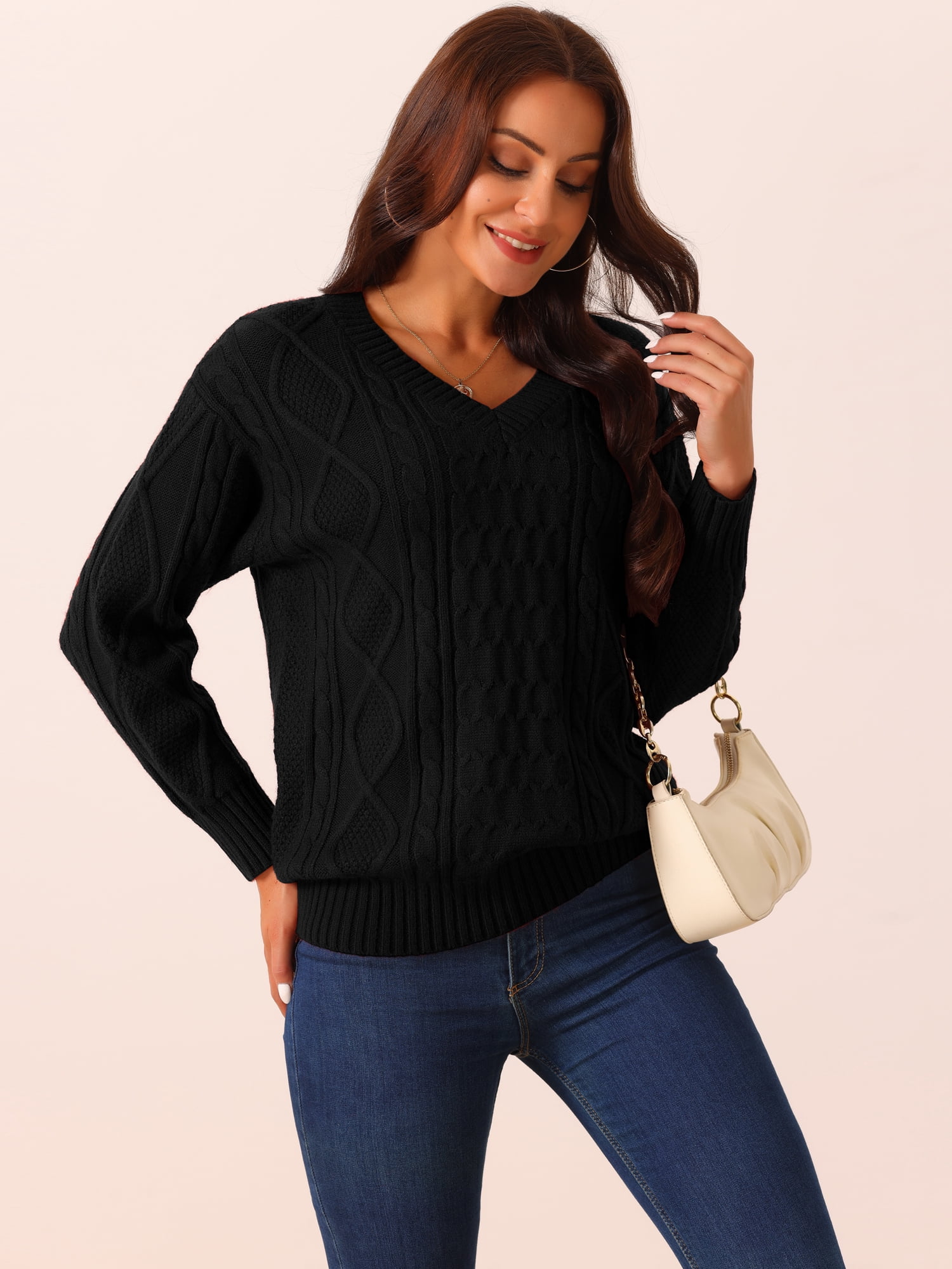 DARING DIVA V Neck Long Sleeve Sweater Casual Loose Chunky Pullover L Black