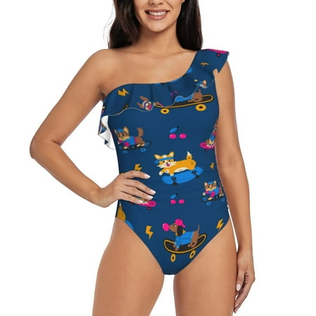 Salouo Dogs Riding Skateboard Pattern One Shoulder Ruffled One Piece Swimsuit for Women V Neck Swimwear Tummy Control Bathing Suit-Large