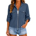 thumbnail image 2 of Womens Zip Up Jacket Roll Tab Sleeve Flap Pocket Drawstring Hem Utility Lightweight Cropped Jackets Women SoftLightweight Fall Jacket Daily Travel Outfits, 2 of 5