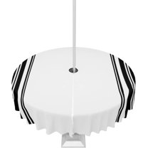 Outdoor Tablecloth Black Ticking Vertically Stripe Round Patio Tablecloths 60 Inch, Outside Table Cloths with Umbrella Hole and Zipper, Simple White Summer Table Cover for Outdoor Tables, Picnic,
