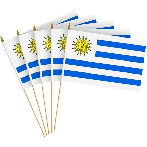 G128 12 Pack Handheld Uruguay Uruguayan Stick Flags | 8x12 In | Printed 150D Polyester, Country Flag, Solid Wooden Stick, Spear Gold Tip