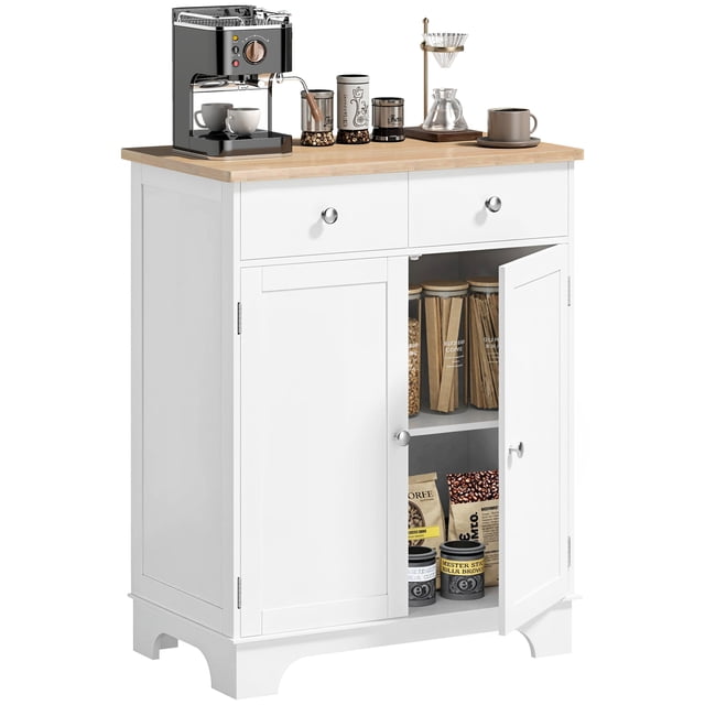 HOMCOM Armoire Latérale de Cuisine avec Dessus en Bois de Caoutchouc et Tablette Ajustable