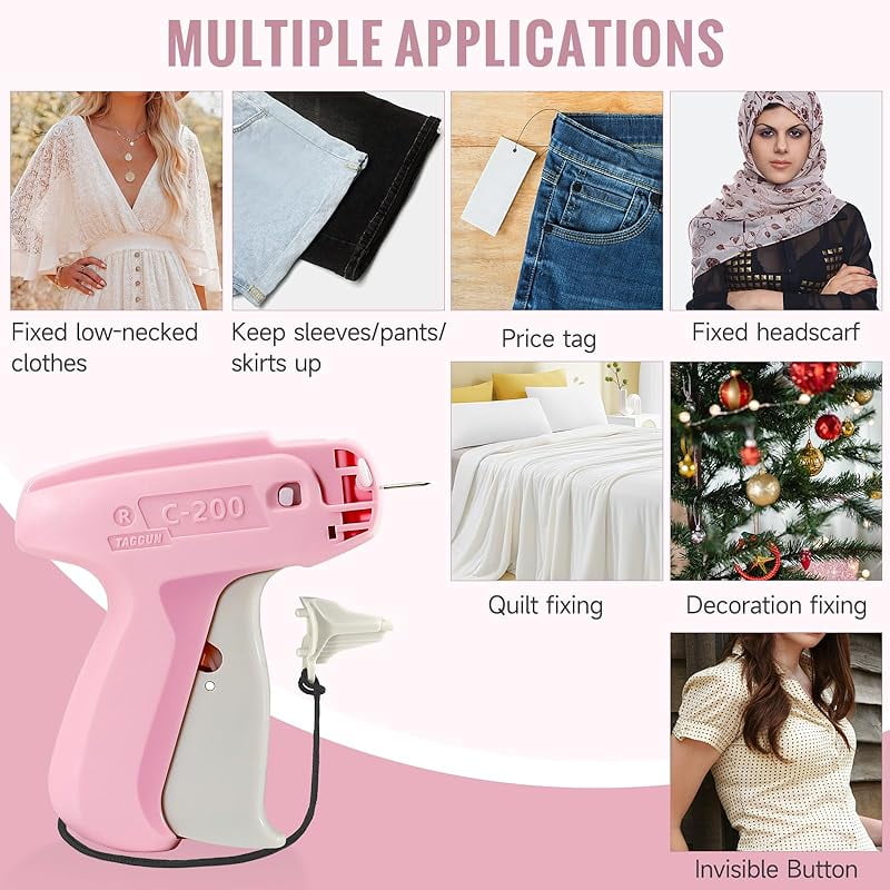 Behome Stitch Gun For Clothes, Mini Stitch Gun For Clothing Quick Fixes,Portable Tagging Gun With 6 Fine Needle, 1000 Black Fasteners & 1000 White Fasteners, Pink White