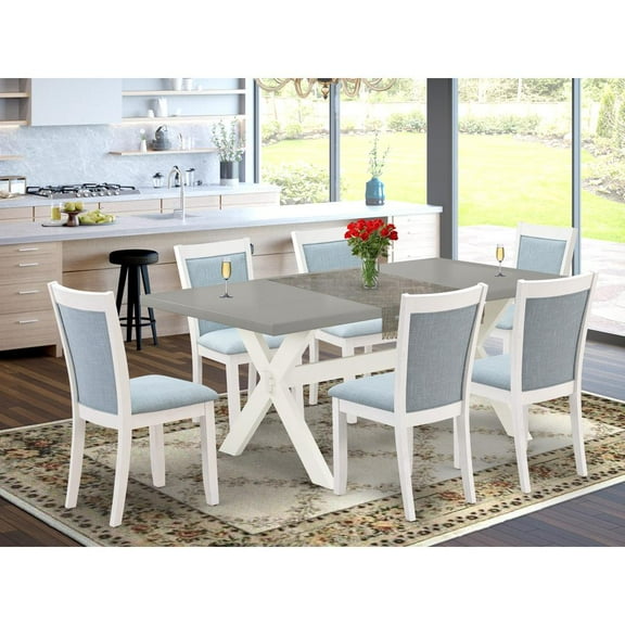 East West Furniture X-Style 7-Piece Wood Dining Set in Cement/White/Blue