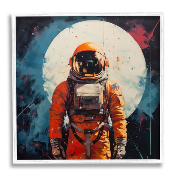 Stupell Industries Abstract Astronaut & Moon Abstract Painting White Framed Art Print Wall Art, 24 x 24