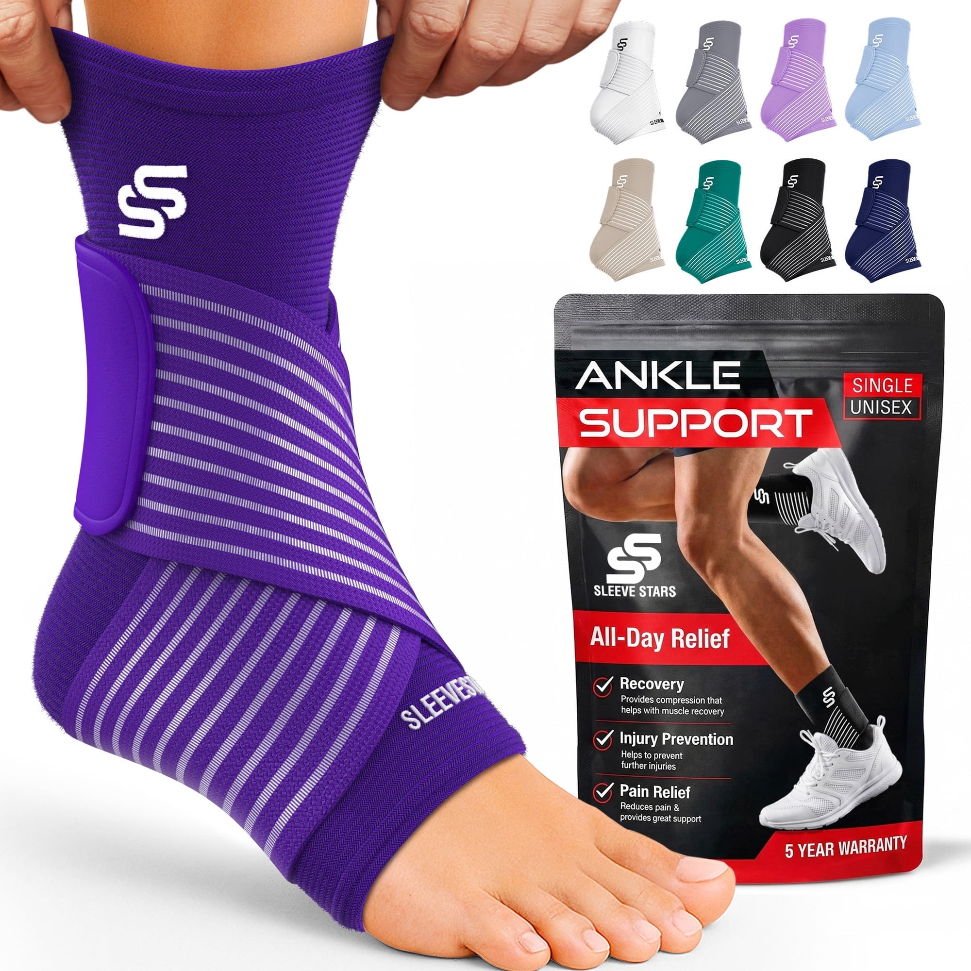 Sleeve Stars Ankle Brace for Sprained Ankle, Ankle Support for Women & Men, Single, Dark Purple, Large