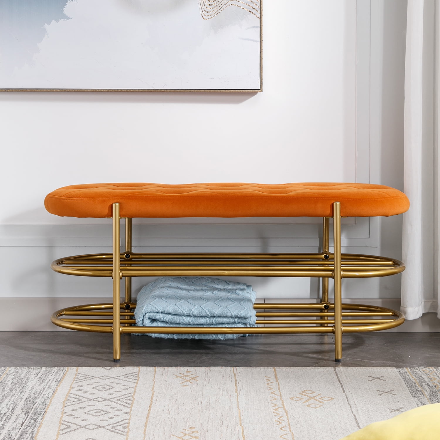 Kadyn Upholstered Velvet Beach, End of Bed Bench with 2 Shelf, Storage Beach for Living Room, Entrance, Orange