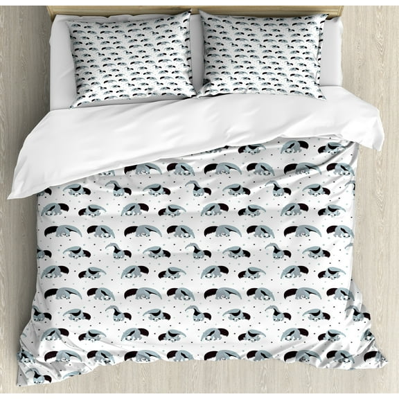 Animal Duvet Cover Set, Anteaters Star Wild Animals Funny Forest Mammals Woodland, Decorative 3 Piece Bedding Set with 2 Pillow Shams, Calking Size, Blue Grey and Charcoal Grey, by Ambesonne