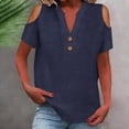 thumbnail image 2 of Women's V Neck Off Shoulder Short Sleeve T-Shirt Top Blouse Solid Color Loose Fit Casual Linen Tunic for Daily Wear Work Office Vacation Fashion Essential Gift for Women | Sopatenor,Navy XL, 2 of 9