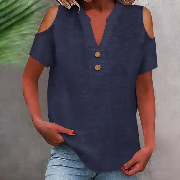 Ynynloco Womens 100% Cotton Linen V Neck Cold Shoulder Button Down Tops Short Sleeve Summer T Shirts Basic Tees