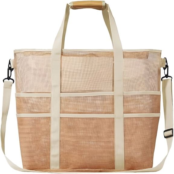 AOMRCOL Mesh Beach Bag, Large Beach Tote Bag with Zipper for Toys Pool Bag Beach Accessories, Waterproof Beach Bag, Beige