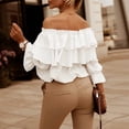 thumbnail image 4 of Blusa con hombros descubiertos para mujer, Top holgado de Color puro con volantes en capas, manga larga, busto fruncido, blanco L, 4 of 6